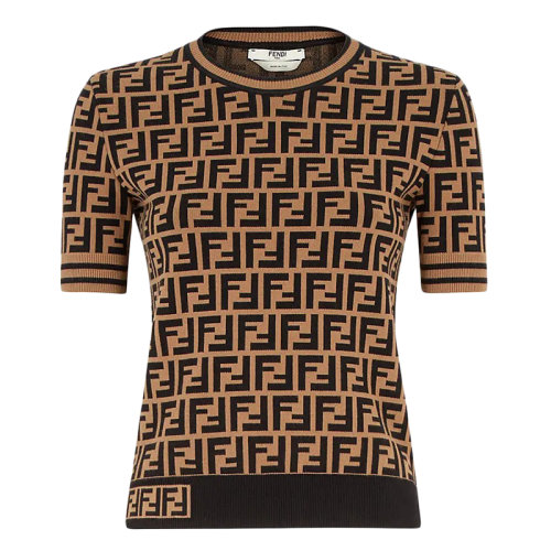 FENDI/芬迪 經(jīng)典款 女士褐色和黑色FF圖案面料短袖毛衣FZY702A5QGF118W