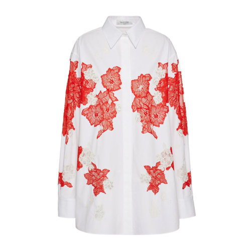 Valentino/華倫天奴 女士拼色棉府綢花卉刺繡裝飾翻領(lǐng)長(zhǎng)袖上衣襯衣襯衫 WB3AB2K2-5A6-Y06