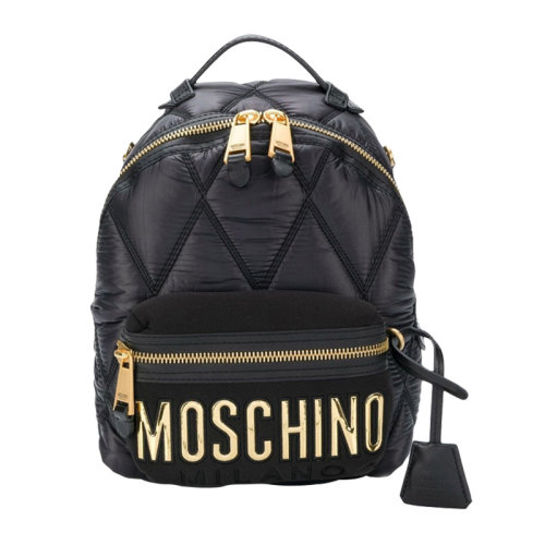 MOSCHINO/莫斯奇諾 女士黑色織物配皮正面字母徽標(biāo)絎縫拉鏈開(kāi)合雙肩包手提包背包女包 B7605-8207-1555