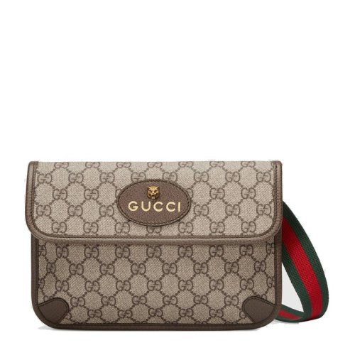 GUCCI 古馳  GG Supreme系列 男女同款米色/烏木色帆布虎頭LOGO徽標GG印花虎頭腰包 493930-9C2VT