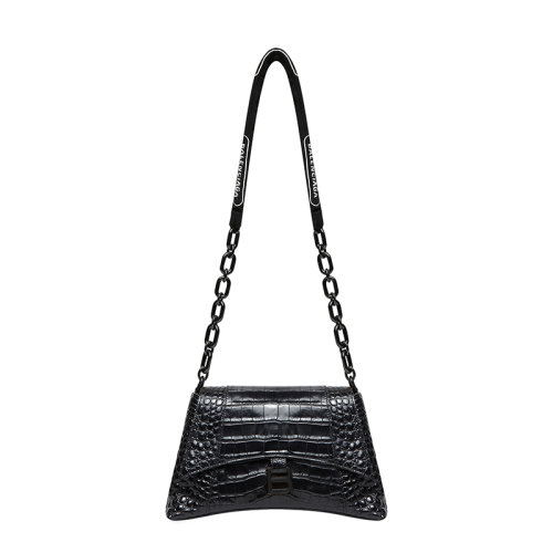 BALENCIAGA/巴黎世家 22春夏新款Downtown系列 女士小號(hào)黑色小牛皮鱷魚(yú)壓紋鏈?zhǔn)絾渭绨?6890582106R1090