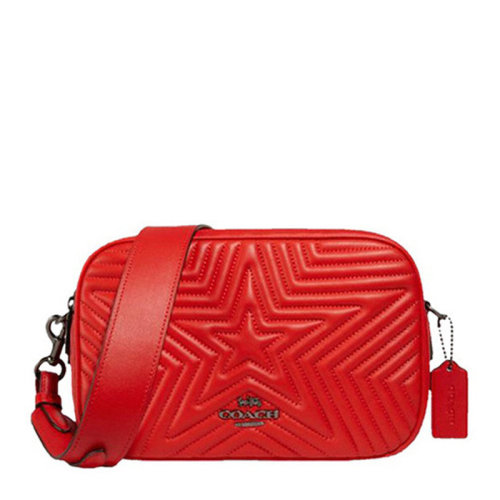 COACH/蔻馳  jes系列女士紅色牛皮星星條紋字母徽標(biāo)拉鏈開合單肩包斜挎包盒子包相機包女包 F1904QBQRG
