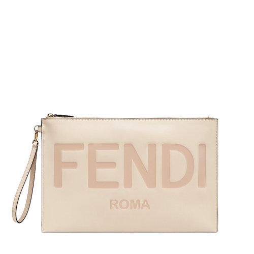FENDI/芬迪 20  女士大號(hào)淺粉色小牛皮徽標(biāo)印花拉鏈封口手拿包8N0178AC9LF1BA9