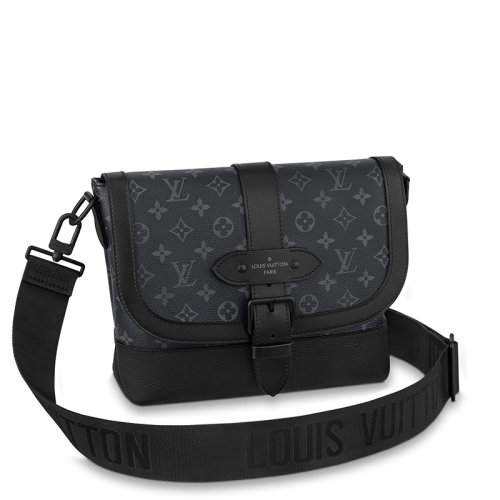 Louis Vuitton/路易威登 經(jīng)典款SAUMUR系列 男士黑色老花帆布皮革飾邊配徽標(biāo)織物肩帶單肩斜跨郵差包M45911