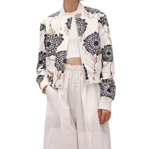 HERMES/愛馬仕 22年秋冬新款 女士白色純棉防水府綢圖案印花雙面飛行員夾克H2E0156DJ9034