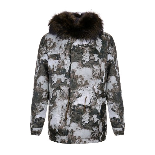 MR & MRS ITALY/皮草夫婦 連帽 長款 印花 補丁 狐貍毛皮內(nèi)襯 軍綠迷彩混色 男士羽絨服