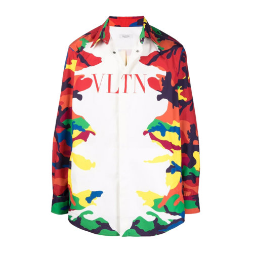 Valentino/華倫天奴 男士白色多色拼色滌綸經(jīng)典字母徽標(biāo)迷彩印花裝飾長袖上衣襯衣襯衫 WV3CIA99-7JP-C40