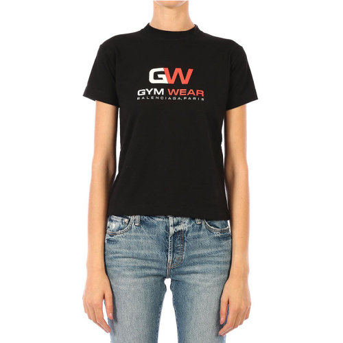 Balenciaga/巴黎世家 彩色logo印花 女士黑色棉質(zhì)圓領(lǐng)短袖T恤 612964TIVD51000