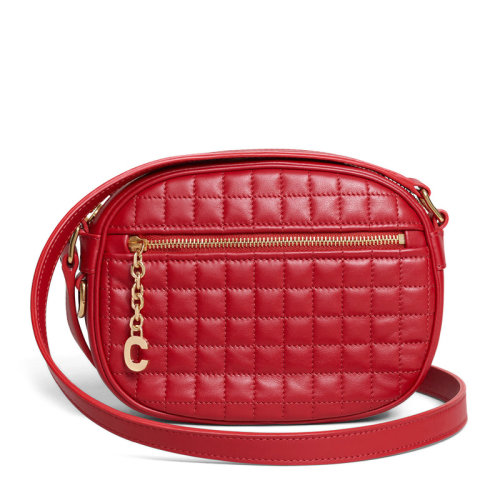 CELINE/賽琳 女士紅色小牛皮方格紋絎縫拉鏈開合橢圓形單肩包斜挎包相機包女包 188363-BFH-27ED