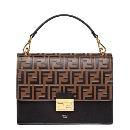 FENDI/芬迪 20  KAN I系列 女士黑色小牛皮棕色壓紋FF圖案FF扣單肩斜挎手提包8BT315A5TZF13WB