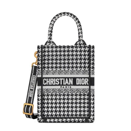 DIOR/迪奧 22新款 女士迷你黑色/白色千鳥格刺繡圖案織物金扣配可拆卸肩帶單肩斜跨手提電弧包托特包S5555CZAE_M911