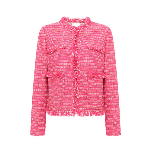 【21春夏新款】St. John/盛薔 玫紅色流蘇花呢針織短款女士夾克K6Z30A0