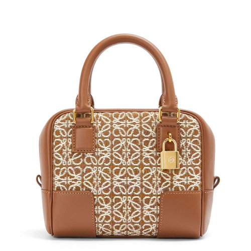 LOEWE/羅意威 22新款A(yù)mazona 16系列 女士棕褐色/山核桃色徽標(biāo)提花帆布配皮飾金鎖單肩手提包A039N21X03-2713