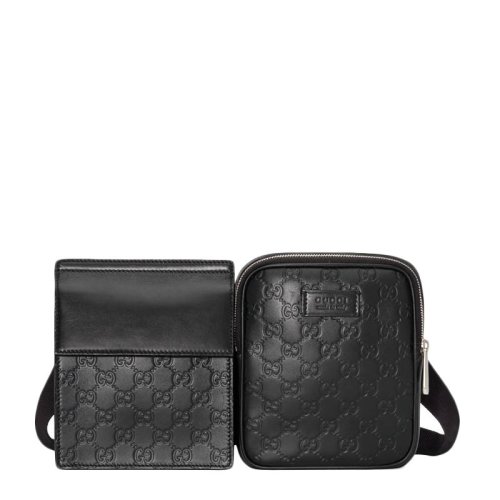 GUCCI/古馳 男士Signature軟皮黑色GG印花腰包胸包兩用包（兩包可移動）