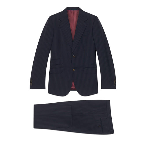 GUCCI/古馳男士深灰色/天藍(lán)色條紋羊毛西裝和西褲 2件套606248ZAAAM4116
