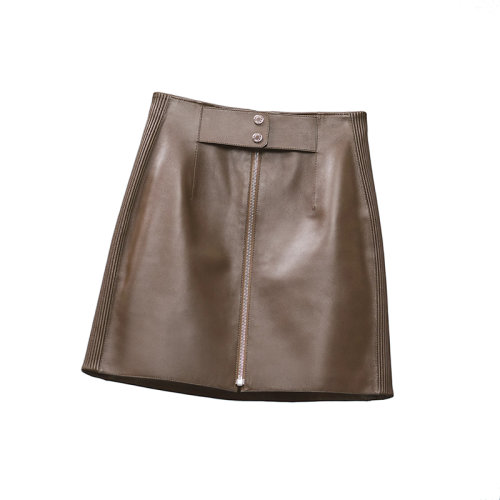 HERMES/愛(ài)馬仕 22年秋冬新款 女士煙草棕色閃亮小羊皮抽褶細(xì)節(jié)迷你半身裙H2H1302D4BL34