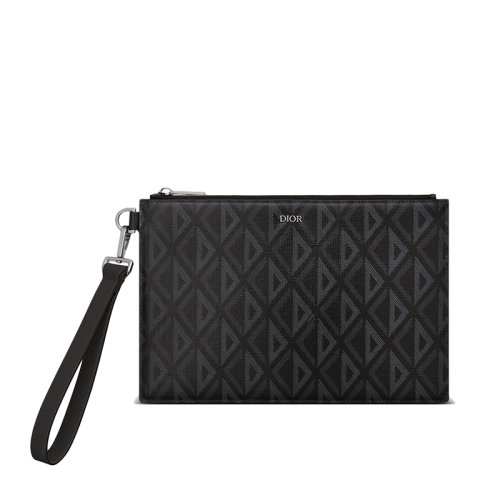 DIOR/迪奧 22春夏新款 男士黑色CD Diamond圖案帆布光滑牛皮革A5拉鏈手拿包2ESCA338DCO_H43E