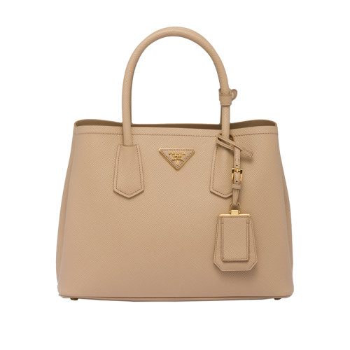 PRADA/普拉達(dá) 22新款 double系列 女士砂米黃saffiano十字紋皮革拆卸吊飾金色標(biāo)志雙皮手柄手提斜挎包1BG887_2A4A_F0036_V_OOO