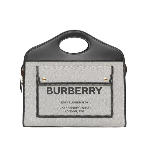 BURBERRY/博柏利 Pocket 中號灰色帆布明縫皮革黑色小牛皮拼色單肩斜挎手提包80367851