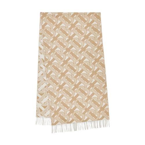 BURBERRY/博柏利 22年早春新款 男女同款淺沙色純羊絨老花印花流蘇圍巾80192311