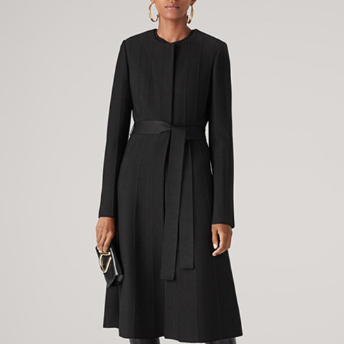 St.John/盛薔黑色羊毛修身收腰長(zhǎng)款女士夾克外套大衣K6111K1