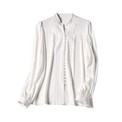 GeleiStory/GeleiStory  真絲拼接蕾絲白襯衫女秋冬新款秋裝長(zhǎng)袖襯衣桑蠶絲上衣  女士長(zhǎng)袖襯衫