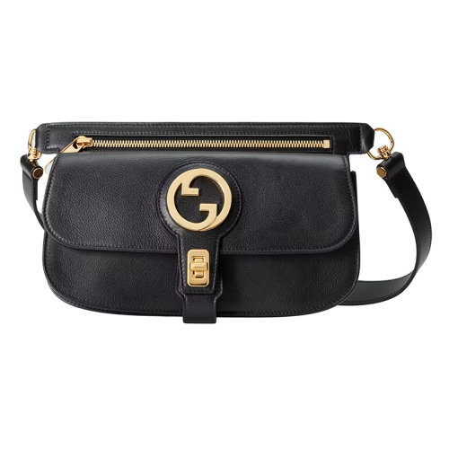 Gucci 古馳 22新款 男士黑色皮革配金色圓形GG搭扣開合斜挎腰包718154UXX0G1000