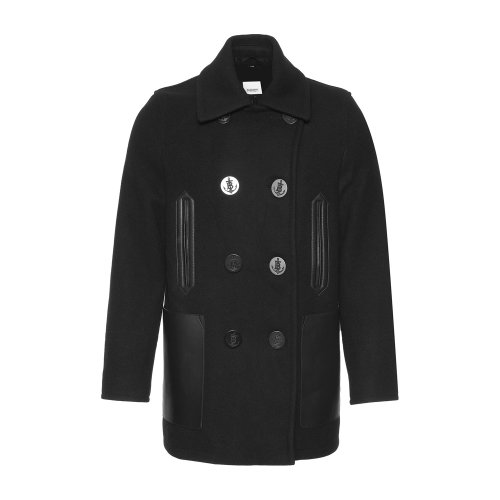 黑色翻領(lǐng)雙排扣配皮羊毛大衣 BURBERRY/博柏利 巴寶莉 女裝 女士大衣 女士外套瑕疵特賣(mài)（陳列痕跡，不影響使用）