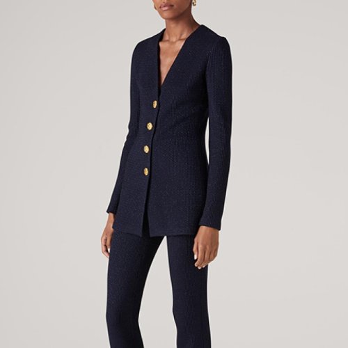 St.John/盛薔藏青色羊毛金屬感長款針織女士夾克外套K6210X1