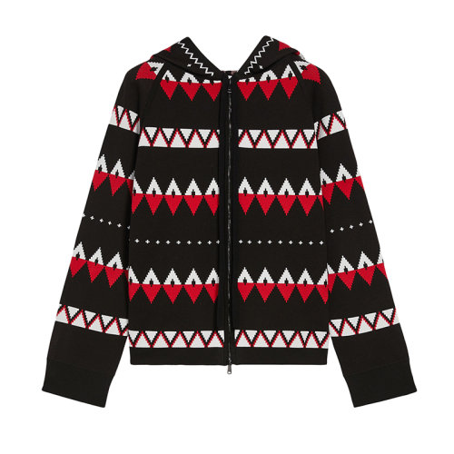 MaxMara/麥絲瑪拉 22年秋冬新款 ECUADOR系列 女士黑色/紅色彈力粘膠混紡民族提花圖案連帽針織開衫毛衣1346082306002