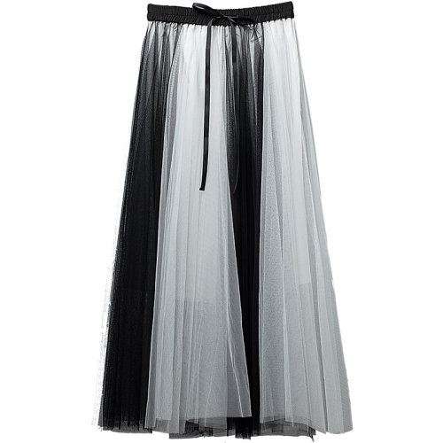 GeleiStory/GeleiStory經典時尚黑白紗裙松緊腰半身裙氣質百搭大擺裙休閑女裝長裙女裝＞女士裙裝＞女士半身裙