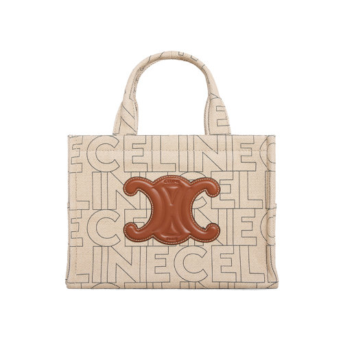 CELINE/賽琳 23春夏新款 女士小號(hào)自然色/棕褐色織物配皮通體印花手提包199162ERQ.02NT