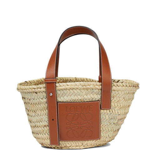 LOEWE/羅意威 Basket系列 小號天然色棕褐色棕櫚葉編織配皮手提包提籃0010111490