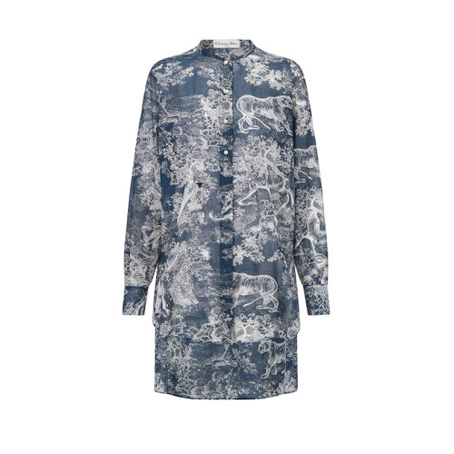 DIOR/迪奧 22年早春新款 女士海軍藍色純棉薄紗Reverse茹伊印花長款襯衫221B54A3846_X5813