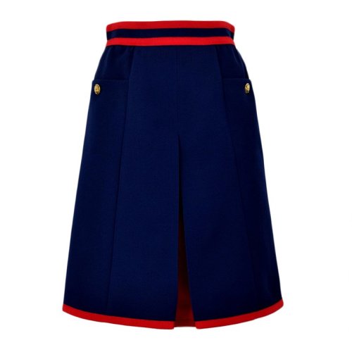 GUCCI 古馳  女裝 服飾 藍色羊毛真絲混紡開叉女士短裙開叉裙