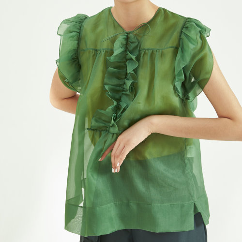 nisiss/怡夕荷葉邊裝飾鏤空衣袖上衣女裝定制Y158AF06