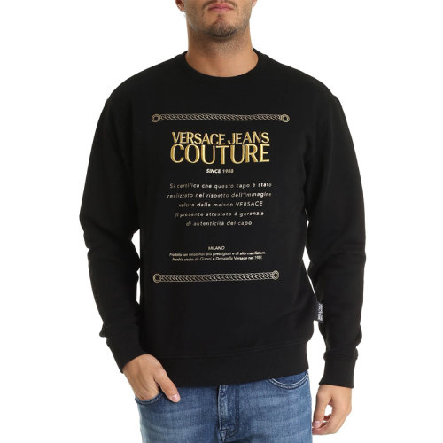 VERSACE JEANS/范思哲牛仔 男士黑色棉質(zhì)金字字母徽標(biāo)刺繡印花裝飾圓領(lǐng)長袖上衣衛(wèi)衣套頭衫 B7GUA7FN-36604-Y6A