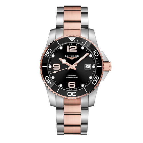 LONGINES/浪琴 康卡斯?jié)撍盗?男女同款精鋼表殼黑色表盤精鋼紅色鍍金表帶自動機(jī)械機(jī)芯防反光藍(lán)寶石鏡面41毫米手表L3.781.3.58.7