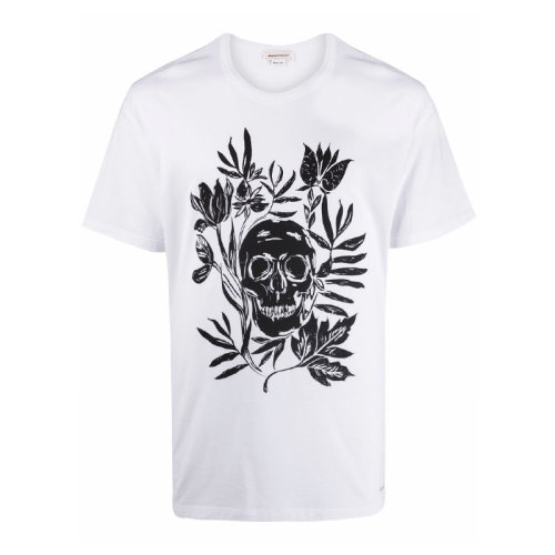Alexander McQueen/亞歷山大麥昆 男士白色棉質(zhì)經(jīng)典骷髏頭印花裝飾圓領(lǐng)短袖上衣T恤 666616-QRZ94-0900