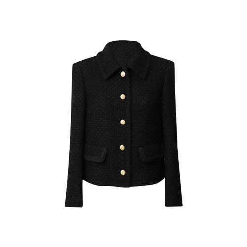 GeleiStory/GeleiStory    秋冬新款小香風(fēng)外套氣質(zhì)時(shí)髦顯瘦小香羊毛花呢金扣黑色短款西裝翻領(lǐng)外套  女裝＞女士外套＞女士夾克