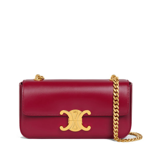 CELINE/賽琳 22新款TRIOMPHE系列 女士胭脂紅緞面牛皮革凱旋金扣金鏈單肩斜跨鏈條包197993BF4.27CA