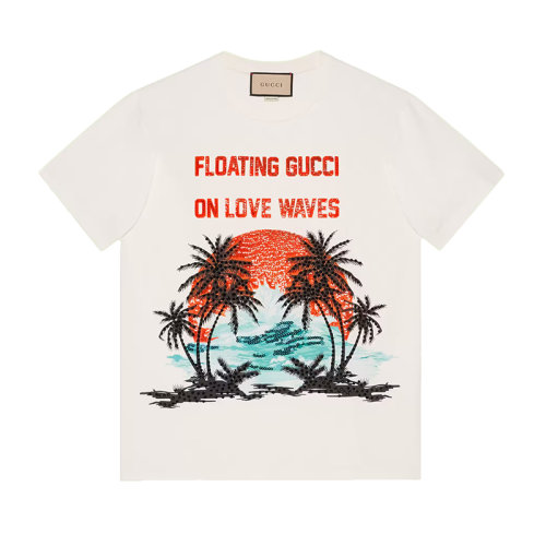 GUCCI/古馳 22年春夏新款 女士白色純棉亮片刺繡日落印花短袖T恤615044XJEDN9088