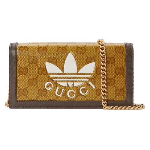 GUCCI/古馳 2022年新款 阿迪達(dá)斯聯(lián)名款 女士米色/棕色水晶帆布皮革飾面三葉草印花滾邊按扣開合鏈帶錢包單肩斜挎包