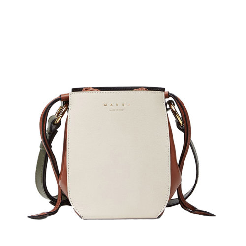 MARNI/瑪尼 20 GUSSET系列 白棕綠拼色小牛皮抽繩水桶斜挎單肩包SBMP0030Q1P2739Z2G47