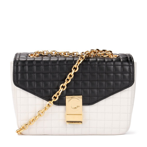 CELINE/賽琳女士鏈條logo金屬牌按扣單肩斜挎ins風(fēng)背包黑色系皮革187253BFD防塵隨機(jī)女包