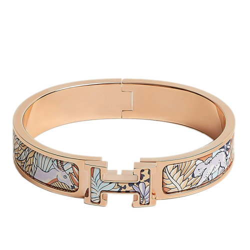 HERMES/愛馬仕 經(jīng)典款Clic H系列 丁香紫色琺瑯飾動(dòng)物圖案印花鍍玫瑰金飾面H標(biāo)識(shí)手鐲 H702417FOD1