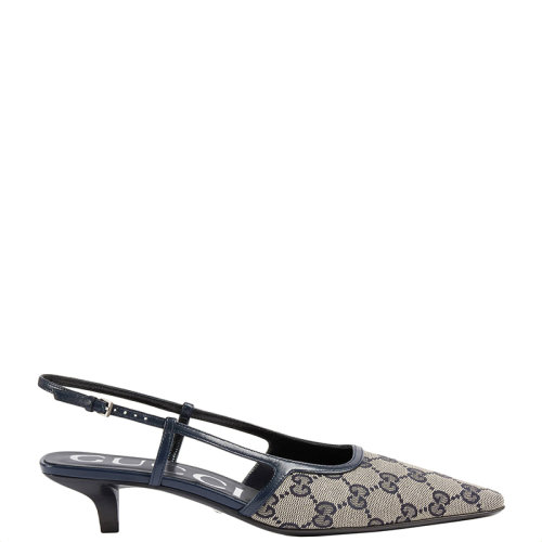 GUCCI/古馳 22年春夏新款 女士米色/藍色老花帆布后系帶淺口鞋低跟鞋693210KY9804061