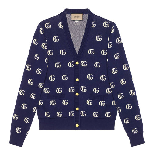 GUCCI/古馳 男士深藍色和米白色GG提花棉針織開衫660285XKBVB4594