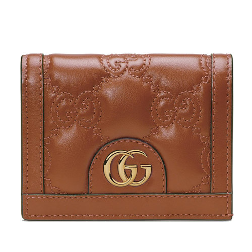 GUCCI/古馳 22新款Matelassé系列 女士淺棕色老花絎縫皮革金扣雙折拉鏈開(kāi)合錢(qián)包卡包723786UM8IG2546