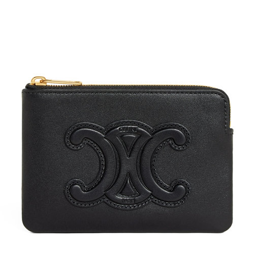 CELINE/賽琳 22新款TRIOMPHE系列 女士黑色小牛皮飾黑色凱旋徽標補丁貼花金扣拉鏈開合零錢包10C663DR8.38NO